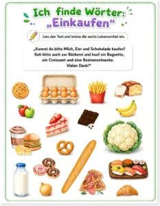 Read more about the article German A1 Food Vocabulary Worksheet – Einkaufen / Lebensmittel Printable