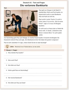 Read more about the article German A1 Reading Comprehension Worksheet: Die verlorene Bankkarte