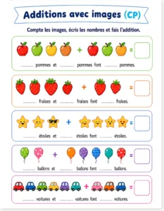 Read more about the article French Math Worksheet – Additions with Pictures for CP / Grade 1