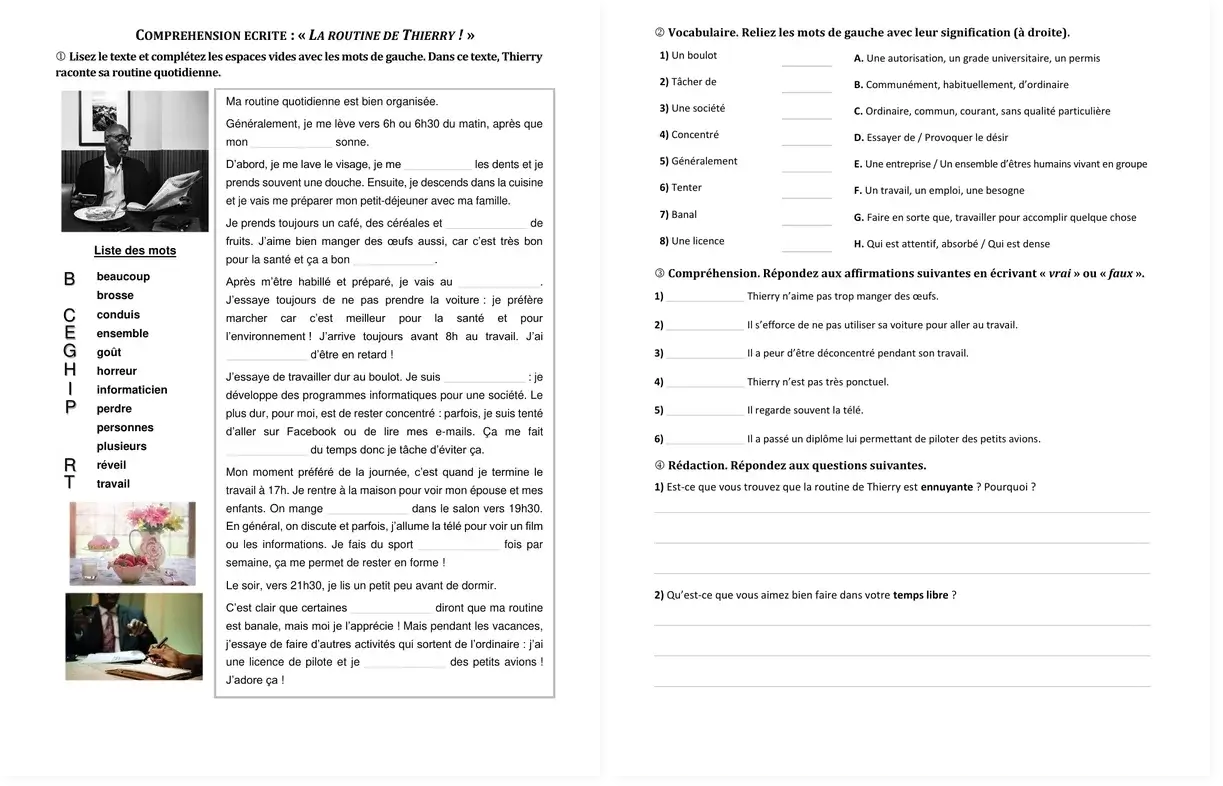 French reading comprehension worksheet: Thierry’s routine