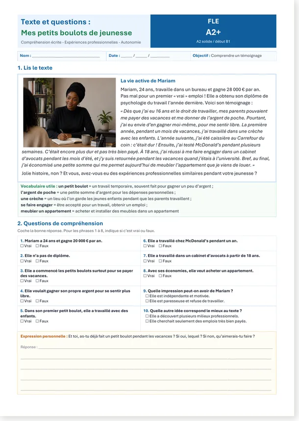 Preview of the French A2+ worksheet Mariam and her youth jobs