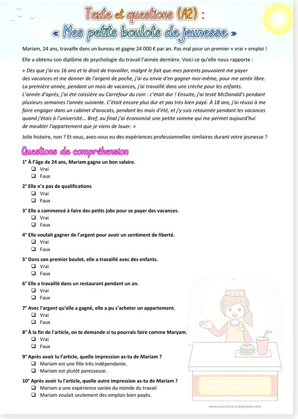 Preview of the old French worksheet Mariam and her youth jobs