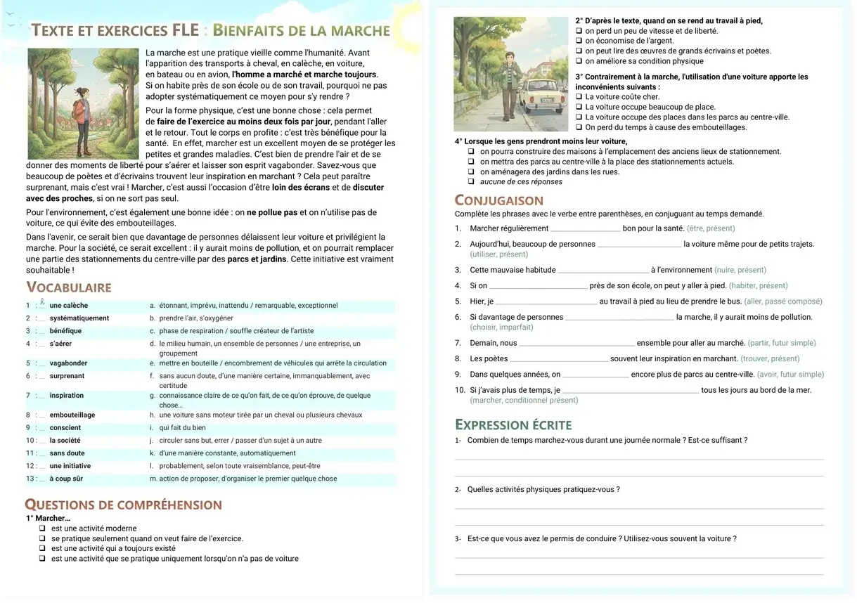 Two-page preview of the full French benefits of walking worksheet