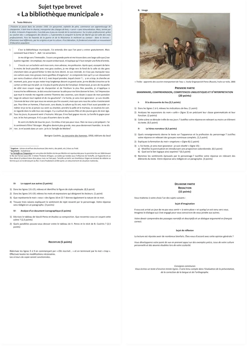 Four-page preview of the French Brevet practice exam about the municipal library