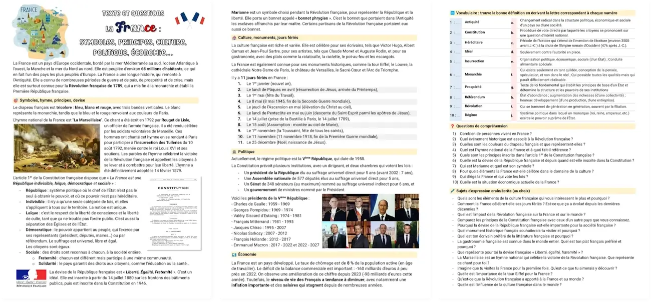 Three-page preview of the complete France institutions worksheet