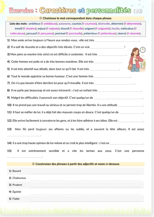 Preview of a French B1 personality adjectives worksheet