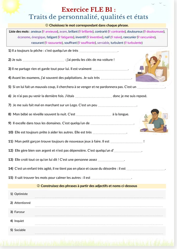 Preview of the anxious stingy brilliant French worksheet