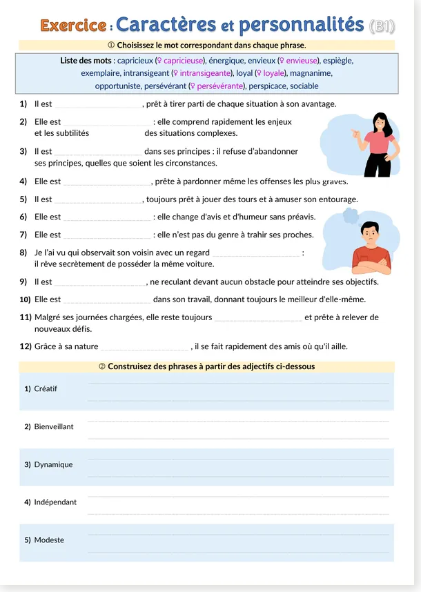 Preview of the capricious energetic envious French worksheet