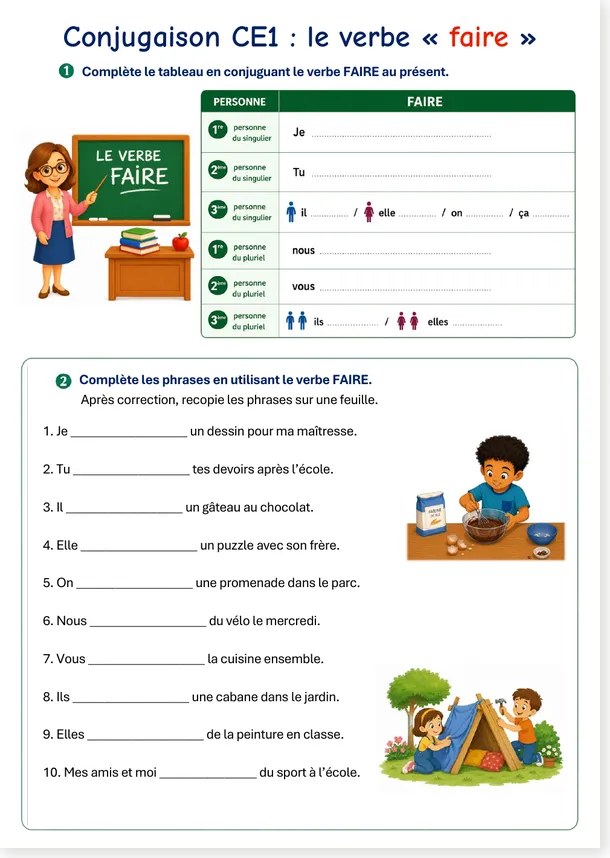 French verb faire CE1 Grade 2 conjugation worksheet