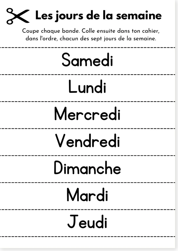 French days of the week cut and order worksheet