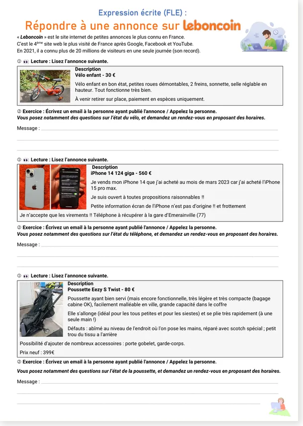 Preview of the French writing worksheet with bike, iPhone and stroller Leboncoin ads