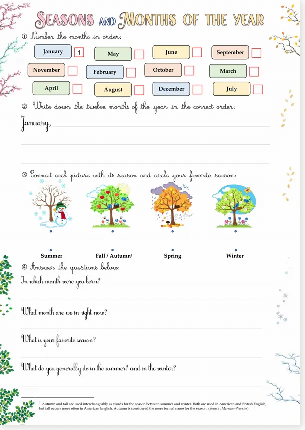 Read more about the article Seasons and Months of the Year Worksheet – Free PDF