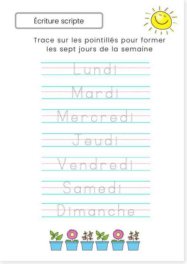 Alternative French days of the week tracing worksheet