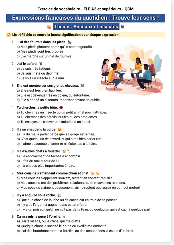 Preview of the free animal and insect French expressions worksheet