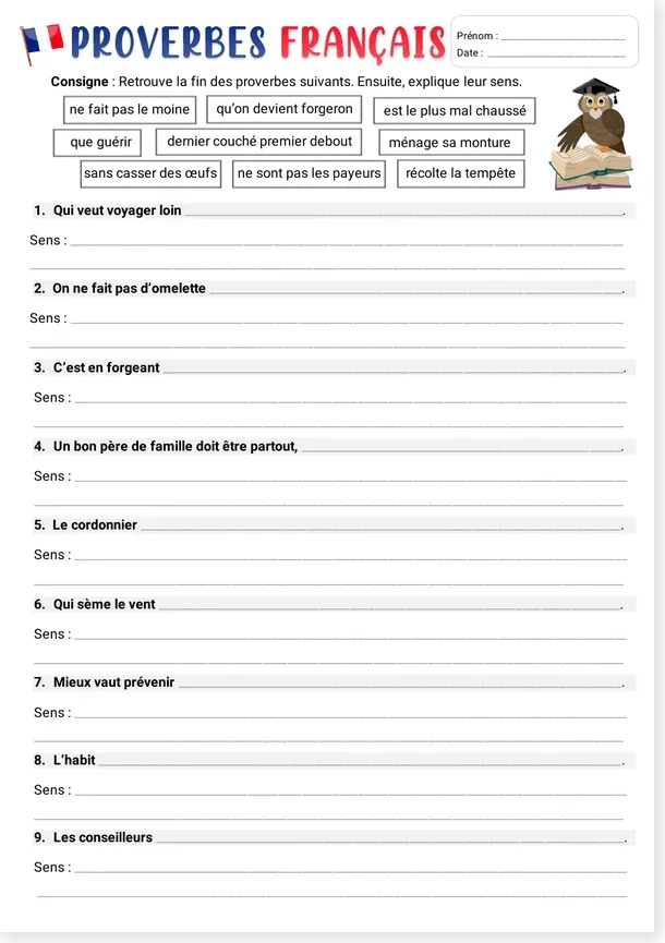 French proverbs worksheet with definitions preview