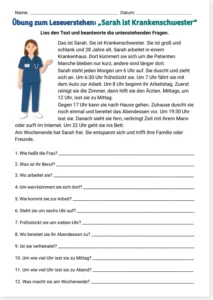 Read more about the article Sarah ist Krankenschwester – German Reading Worksheet A1-A2 (with free PDF)