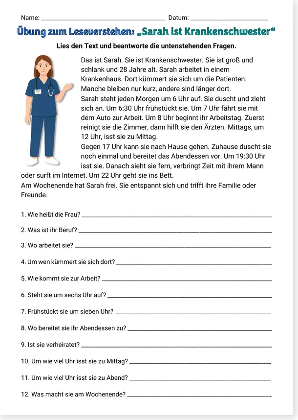 Read more about the article Sarah ist Krankenschwester – German Reading Worksheet A1-A2 (with free PDF)