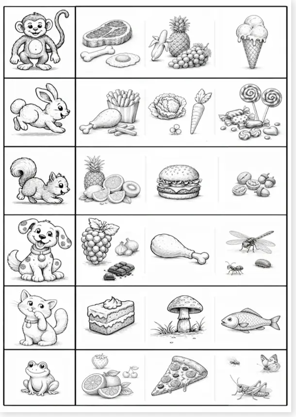 Who Eats What? Animal food matching worksheet B&W preview