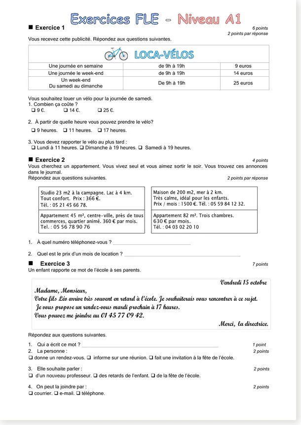 French A1 test with 3 short exercises preview