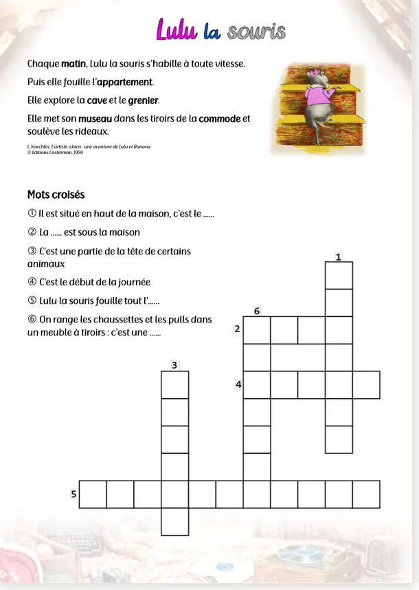French reading and crossword worksheet about Lulu the mouse