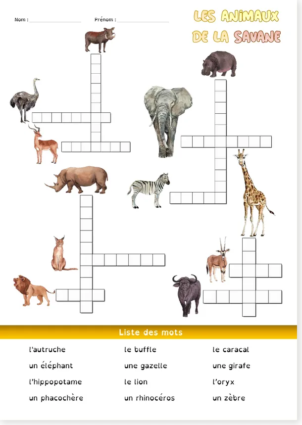Eco-ink French crossword worksheet about savannah animals