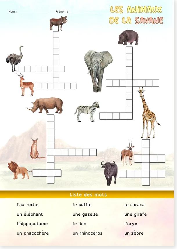 French crossword worksheet about savannah animals