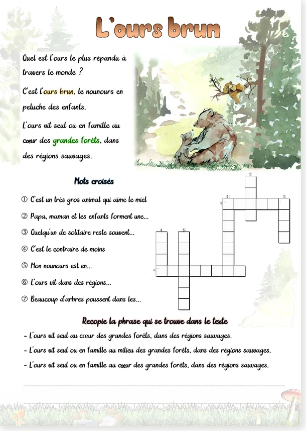 French reading and crossword worksheet about the black bear