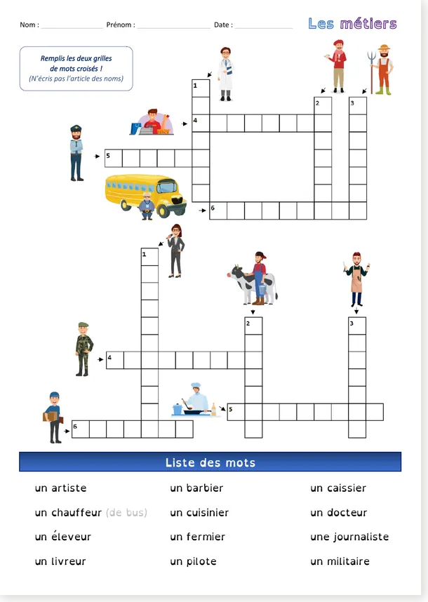 French crossword worksheet about jobs