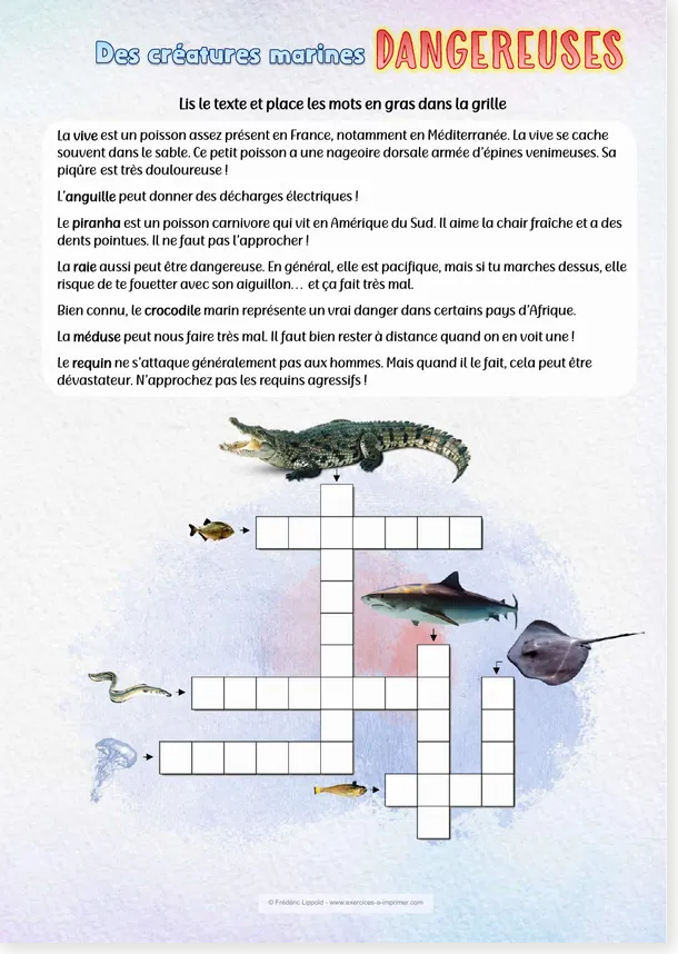 French crossword worksheet about dangerous sea creatures