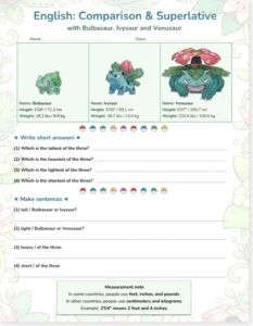 Read more about the article English Comparison and Superlative Worksheet with Pokémon