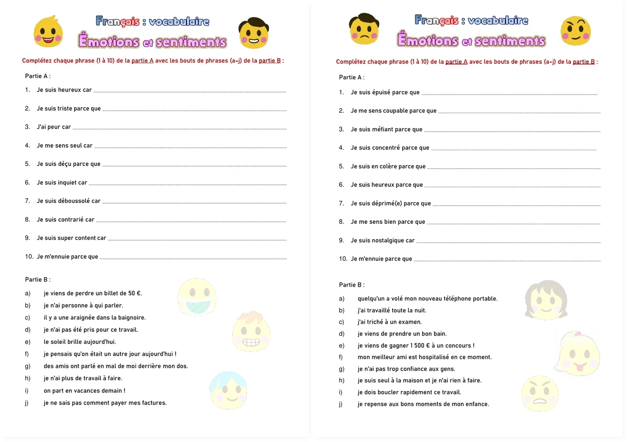 Preview of the French emotions and feelings worksheet