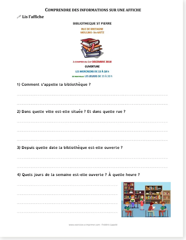 Version 1 of the French worksheet Reading and Understanding a Library Poster