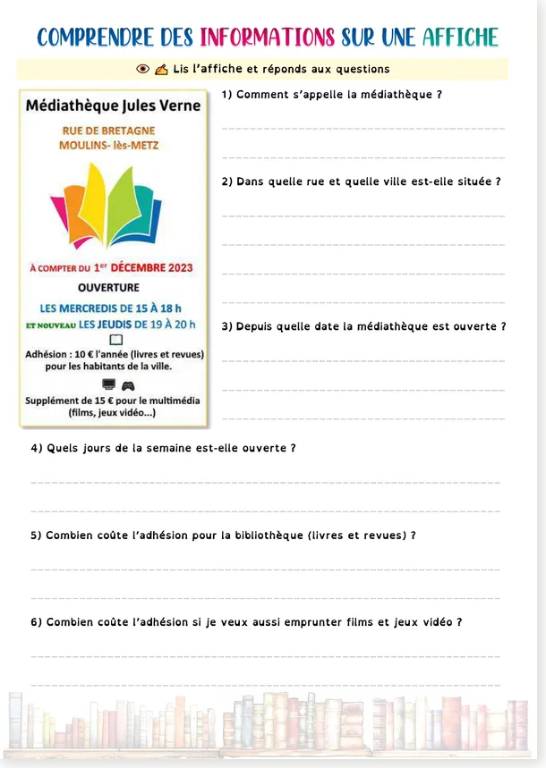 Version 2 of the French worksheet Reading and Understanding a Library Poster