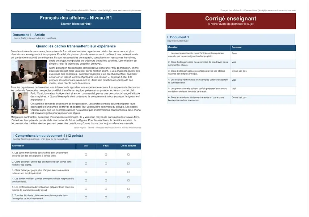 Preview of the free short version of the Business French B1 mock exam