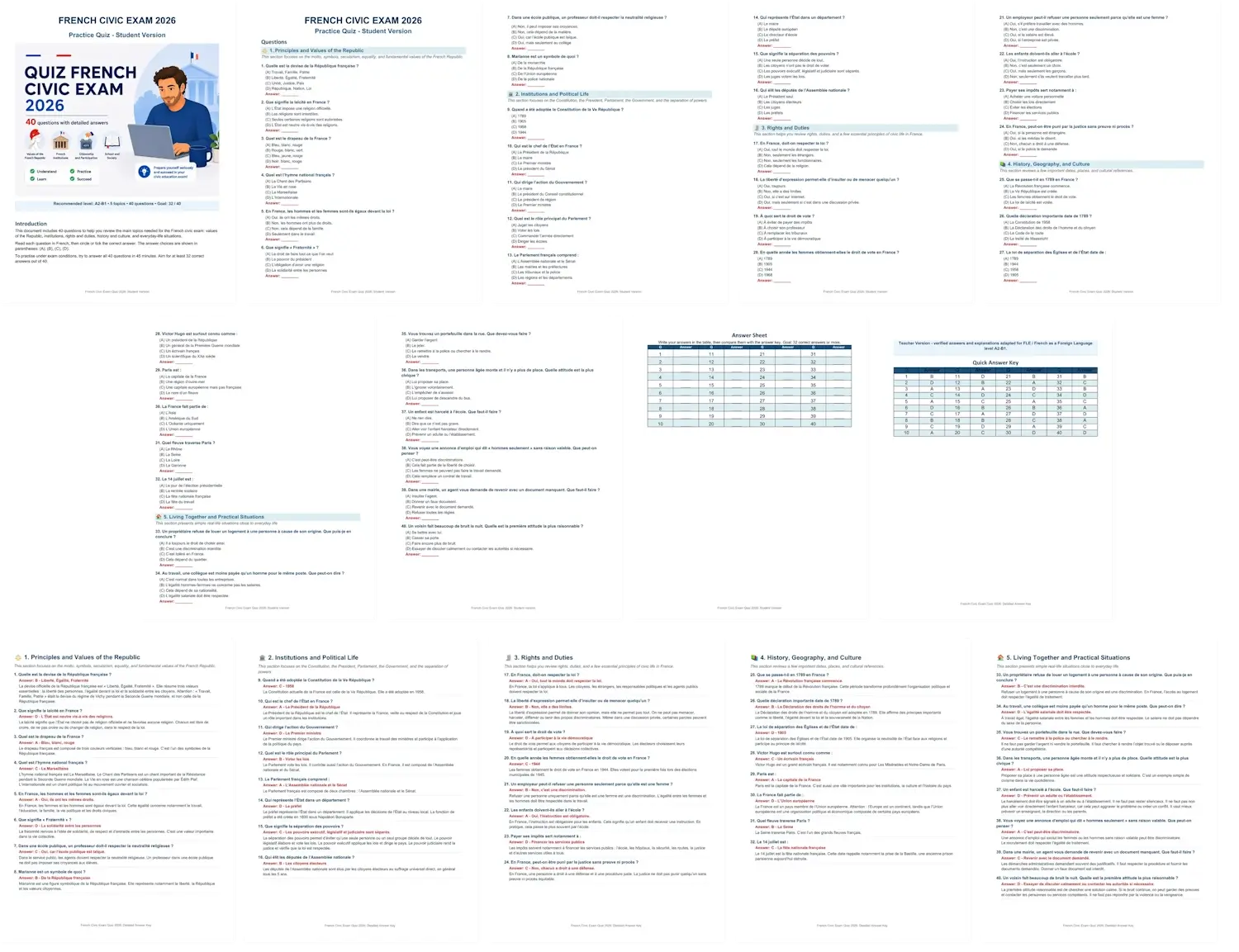 Preview of the French Civic Exam printable quiz with answer key