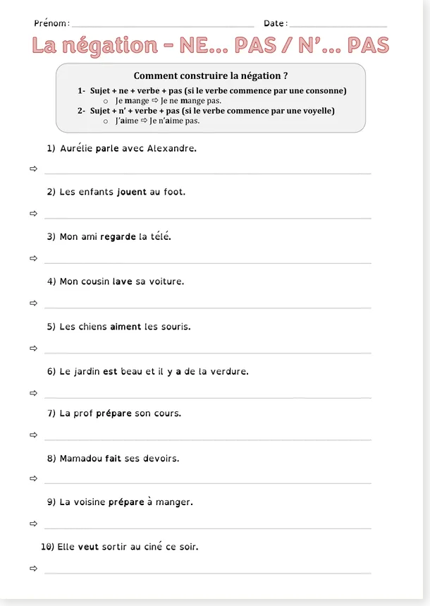 French negative sentences with NE PAS beginner A1 worksheet