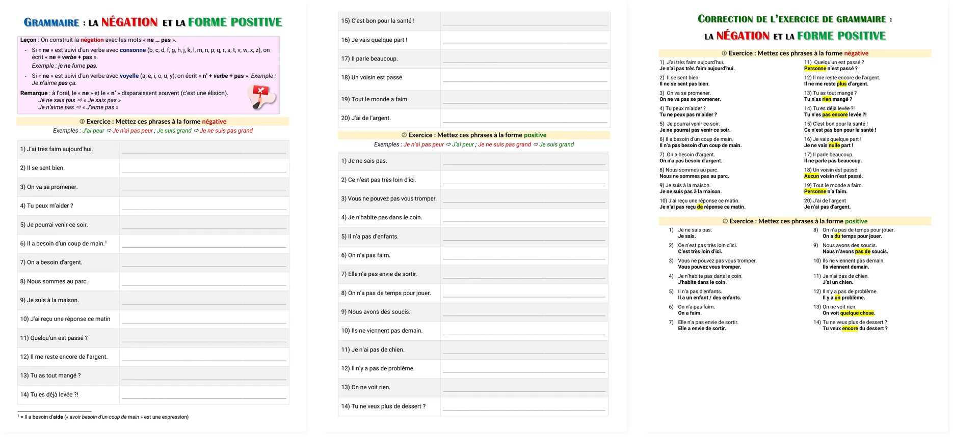 French negative and positive forms grammar worksheet A2-B1 thumbnail