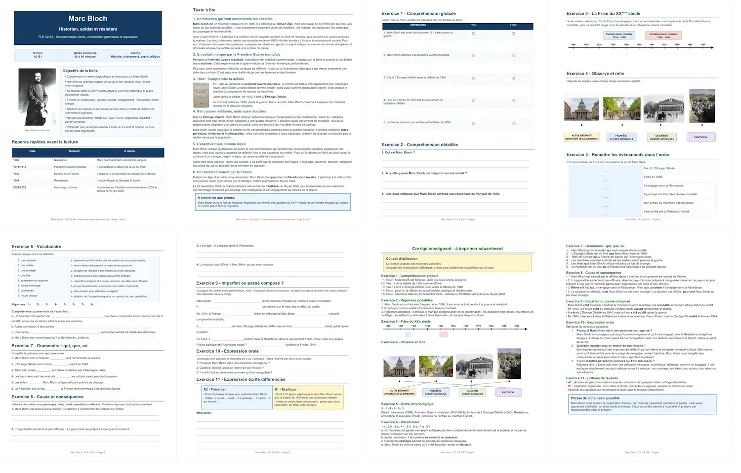 Preview of the 8-page French reading comprehension worksheet about Marc Bloch