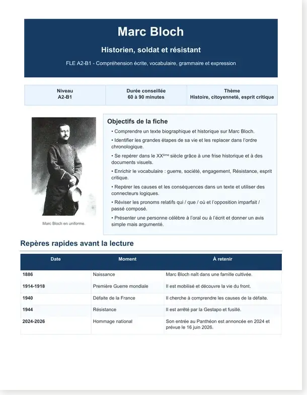 French reading comprehension worksheet about Marc Bloch for A2-B1 learners