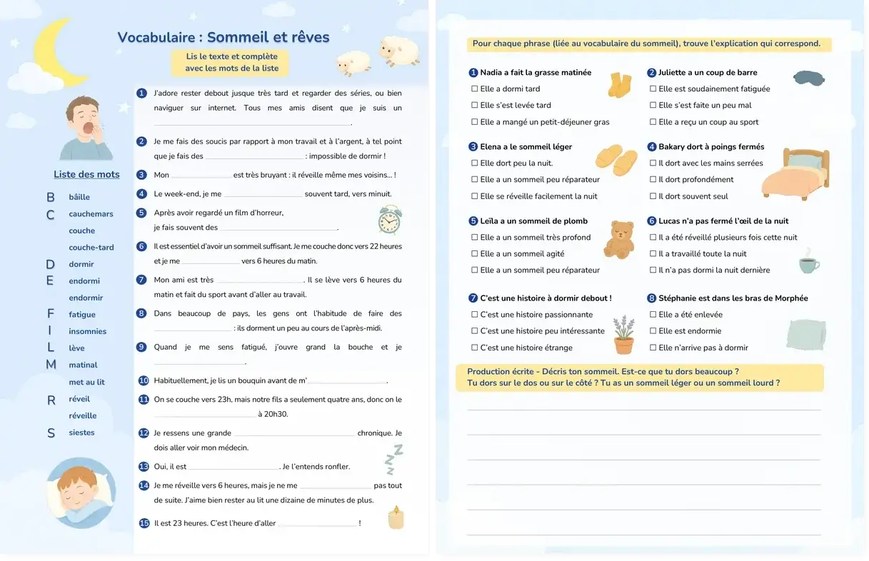 French Sleep and Dreams Vocabulary Worksheet for A2-B1 learners