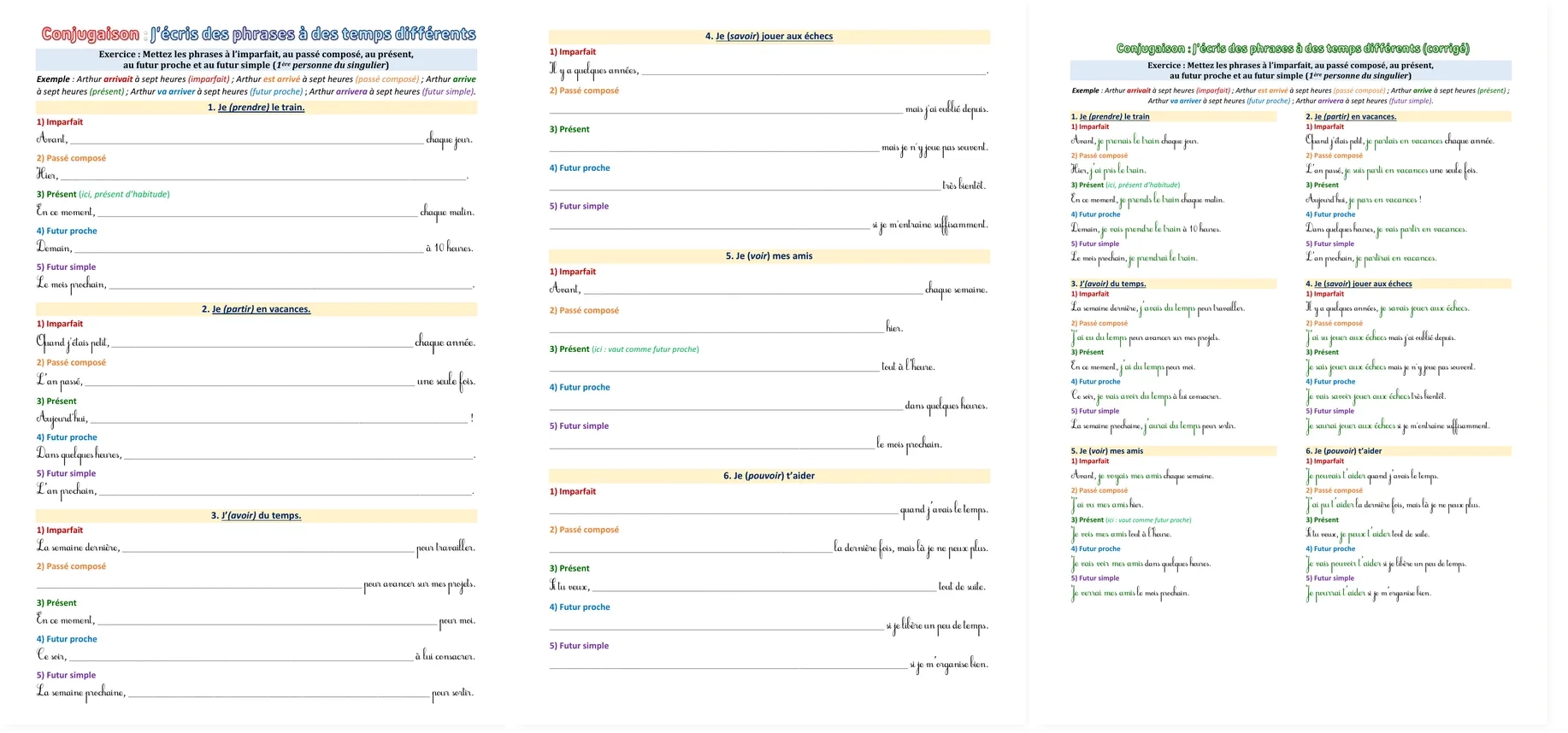 Three-page preview of the French conjugation practice worksheet