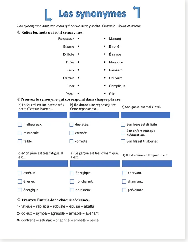 Preview of the free old French synonyms worksheet