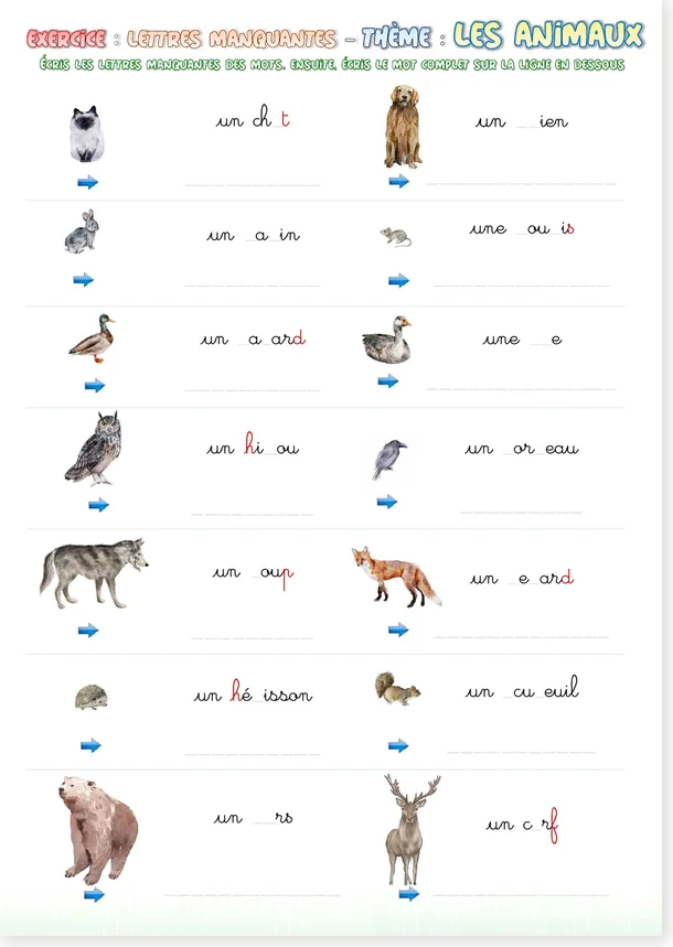 Preview of the French missing letters animals cursive worksheet