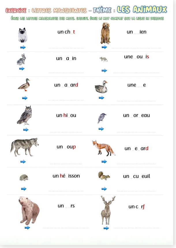 Preview of the French missing letters animals script worksheet