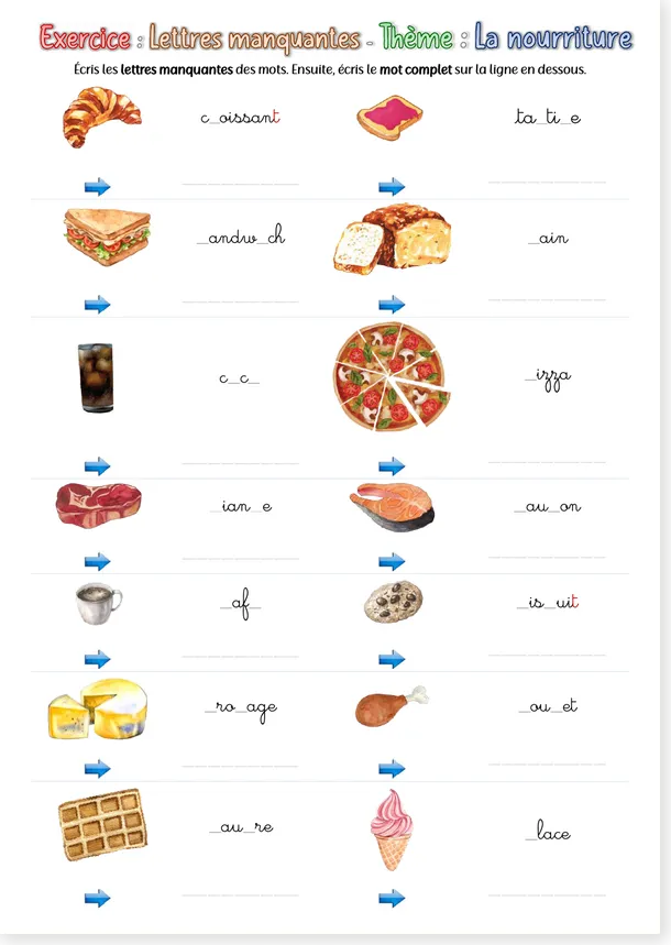 Preview of the French missing letters food cursive worksheet