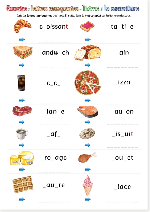 Preview of the French missing letters food script worksheet
