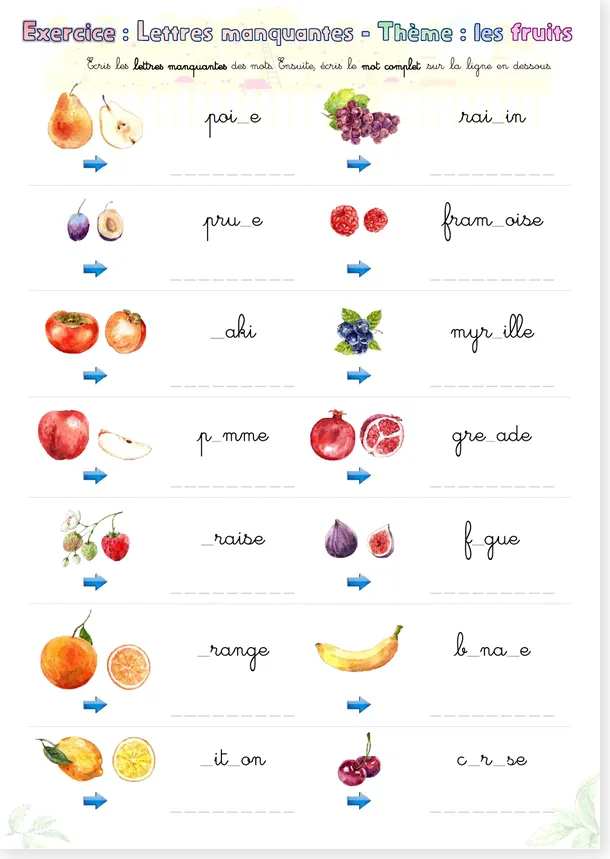 Preview of the French missing letters fruits cursive worksheet