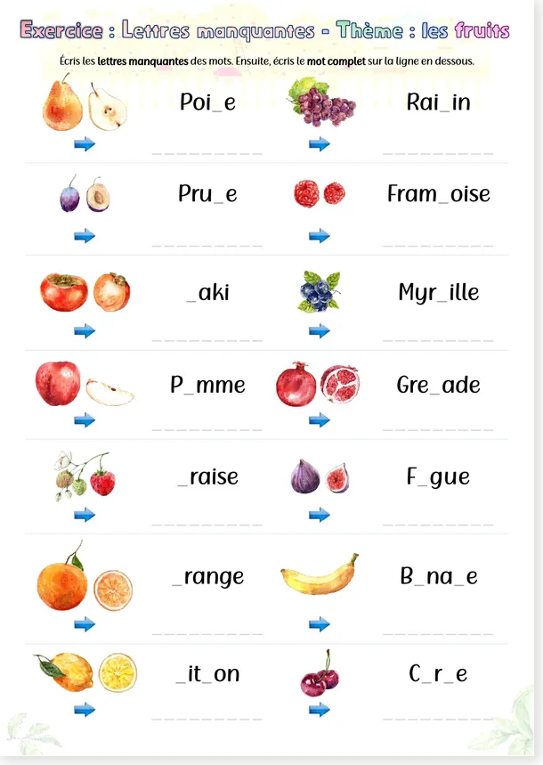 Preview of the French missing letters fruits script worksheet