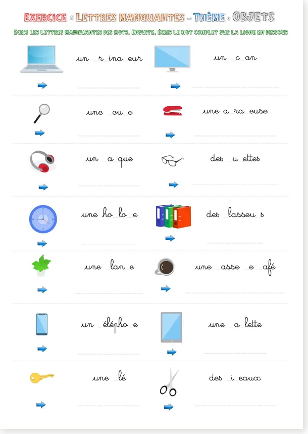 Preview of the French missing letters objects cursive worksheet