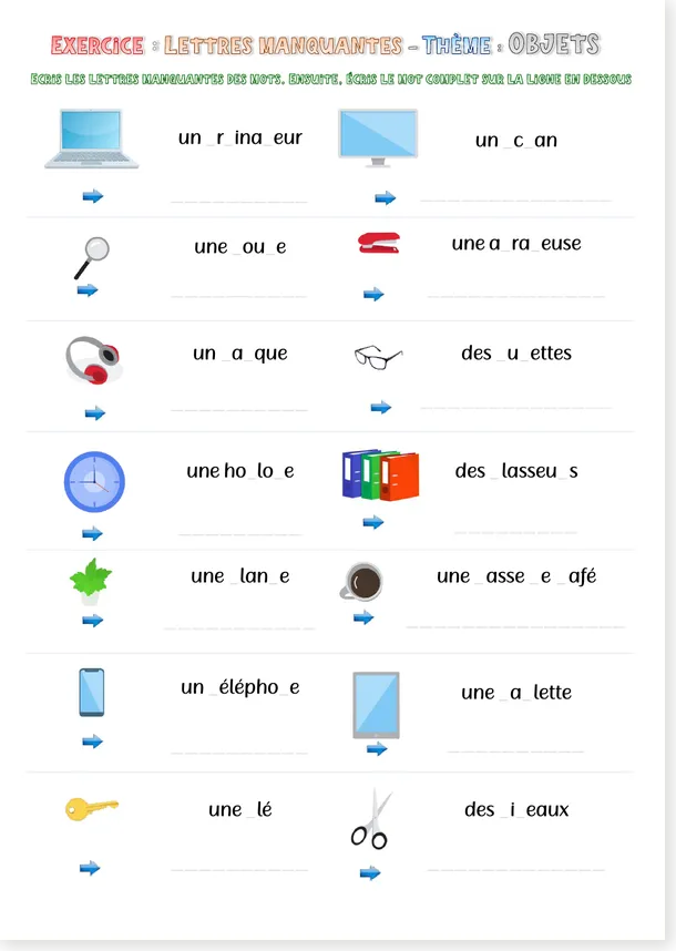 Preview of the French missing letters objects script worksheet